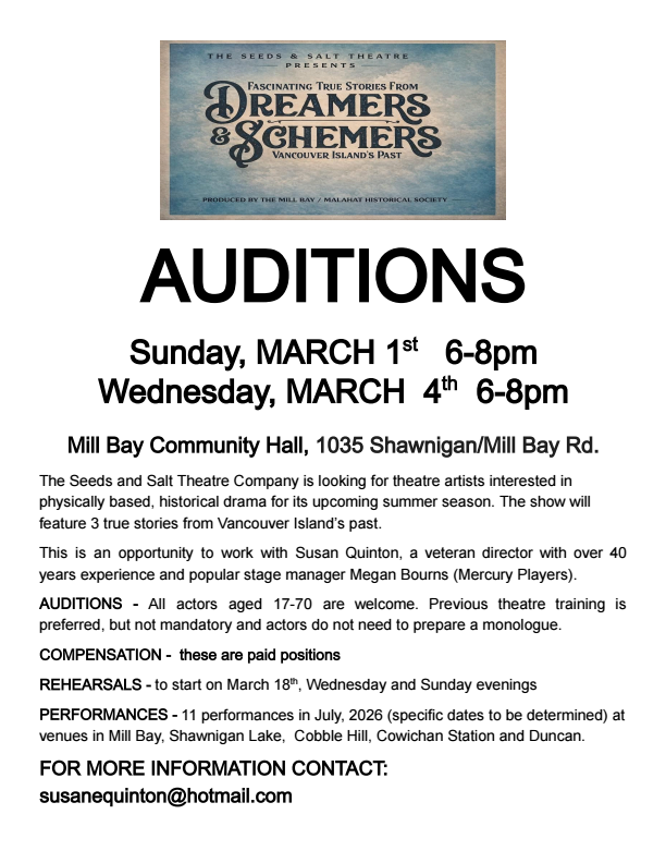 AUDITIONS-2026-Live-Theatre-Dreamers-and-Schemers-producer-Mill-Bay-Malahat-Historical-Society-Vancouver-Island